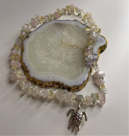 Citrine and rose quartz crystal necklace with charm